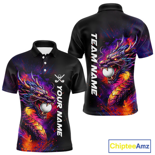 Colorful Dragon men's golf polo shirt, dragon golf apparel, splatter golf team shirt, men's golf clothing, custom golf attire