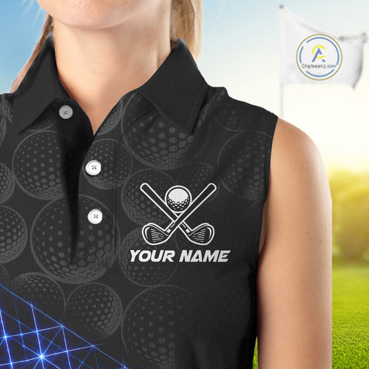 Black sleeveless golf shirt with golf ball and club design and 'Your Name' text, worn by a person on a golf course.
