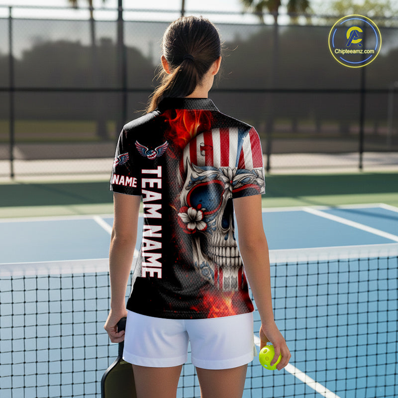Custom Sugar Skull Red Flaming Pickleball League Jerseys Women Pickleball US Flag Team Shirts NYN2149
