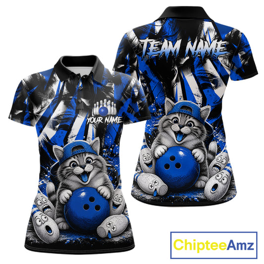 Funny Cat Blue & White Grunge Bowling Jersey For Women Custom Bowling Tournament Bowling Team Shirts NYN3198