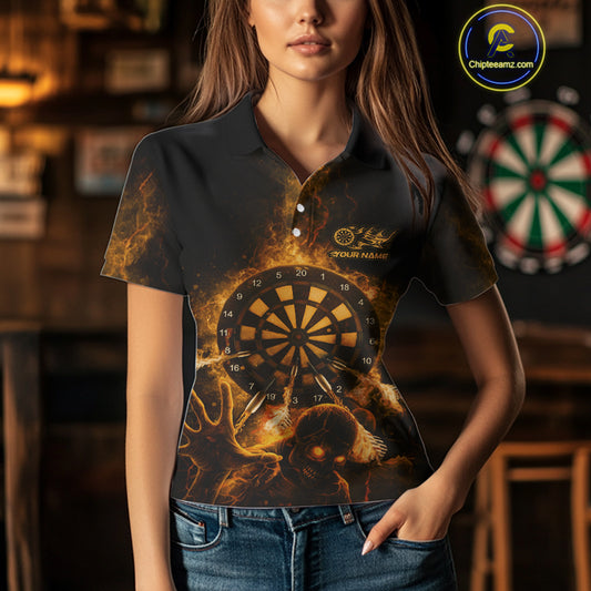 Custom Skeleton Yellow Flames Dartboard Dart Women Polo Jerseys Lightning Dart Team Shirt NYN1694