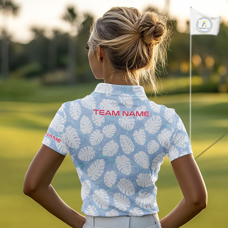 Custom Blue Tropical Monstera Funny Flamingo Matching Womens Golf Polo Shirts Team Golf Clothes NYN2881