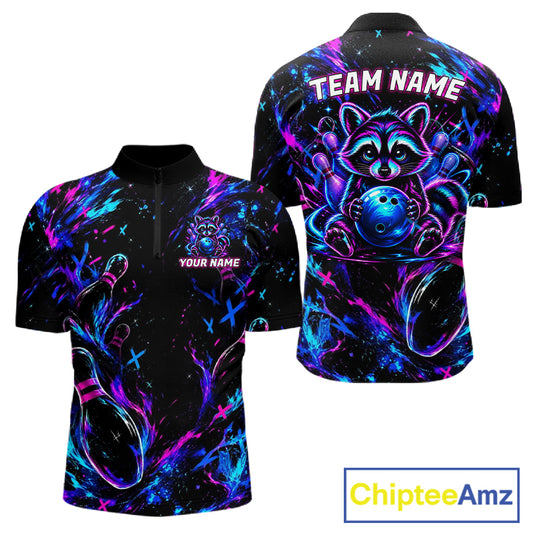 Splatter Neon Purple & Blue Bowling Shirts For Men Custom Funny Raccoon Team Bowling Jersey NYN3270