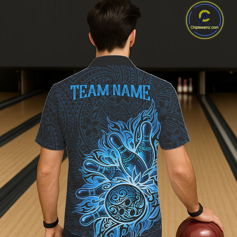 Male and female models wearing Blue Tribal Pattern bowling Hawaiian shirts, tribal-inspired bowling team apparel, tropical button-up shirts, resort vacation clothing representing strength, heritage, confidence and competitive teamwork
