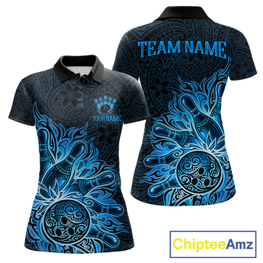 Blue Tribal Pattern Bowling Ball women's bowling polo shirt, custom tribal bowling team jersey, league bowling apparel