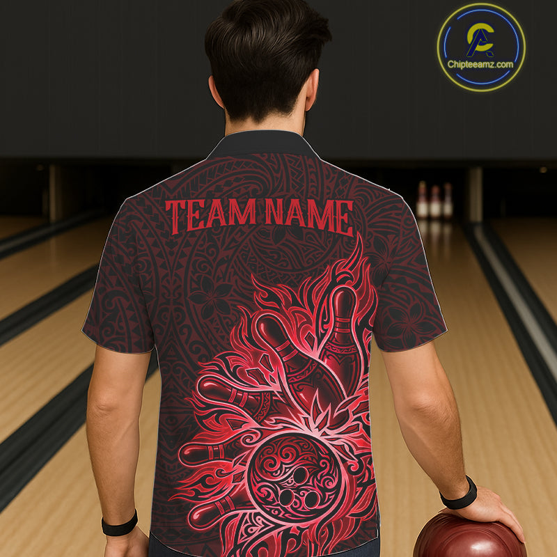 Male and female models wearing Red Tribal Pattern bowling Hawaiian shirts, custom bowling team button-up apparel, tropical vacation clothing inspired by tribal culture, passion, courage, leadership and championship performance