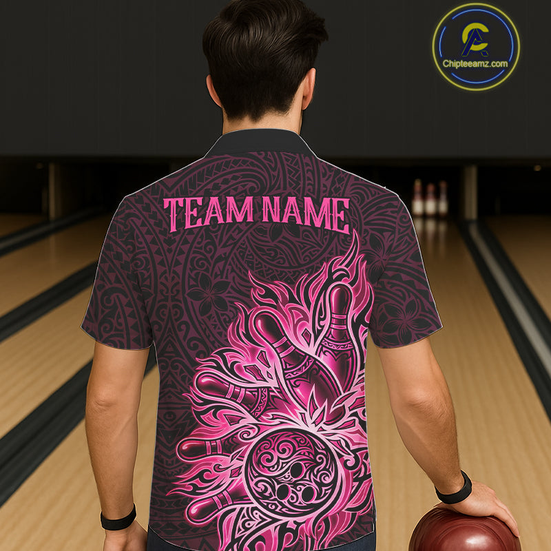 Male and female models wearing Pink Tribal Pattern bowling Hawaiian shirts, vibrant tropical bowling apparel, custom button-up league uniforms symbolizing creativity, confidence, friendship, positivity and team unity