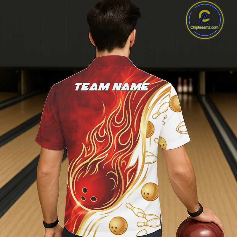 Male and female models wearing Gold and Red Flames bowling Hawaiian shirts, custom bowling team button-up apparel, tropical vacation clothing, resort-style league outfit symbolizing passion, determination, strength and competitive excellence