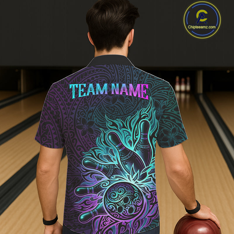 Male and female models wearing Blue and Purple Tribal Pattern bowling Hawaiian shirts, stylish tribal bowling apparel, tropical resort button-up shirts, custom league uniforms inspired by culture, unity, confidence and adventure