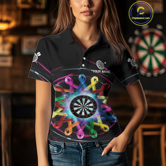 Multicolor Ribbon Circle Dartboard Custom Breast Cancer Awareness Darts Women Polo Shirt NYN1831