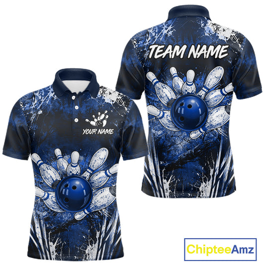Men's white blue splatter paint bowling ball polo shirt custom bowling jersey mockup