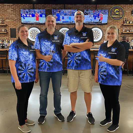 Custom Smoke Blue Fire Flaming Dart Arrow Women Darts Quarter-Zip League Shirts Dart Team Jerseys NYN2215