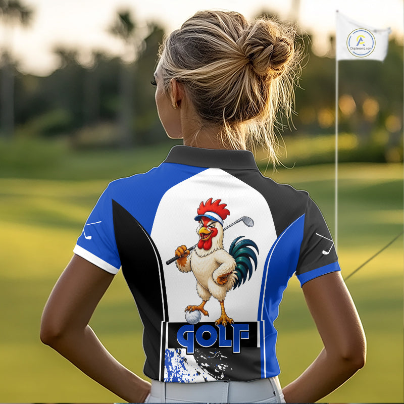 Women's model wearing Funny Rooster Golf Polo Shirt, farmhouse golf apparel, rooster mascot golf fashion, personalized golf clothing, country lifestyle sportswear, custom golf outfit.