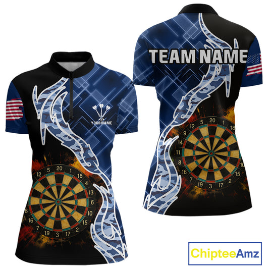 Colorful Splash Dartboard & Cobalt Camo Darts Shirt For Women - Custom Team Name NYN0376