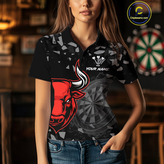 Bull & Dartboard Custom Grunge Women's Darts Polo Shirt - Red Darts Team Jersey NYN0716