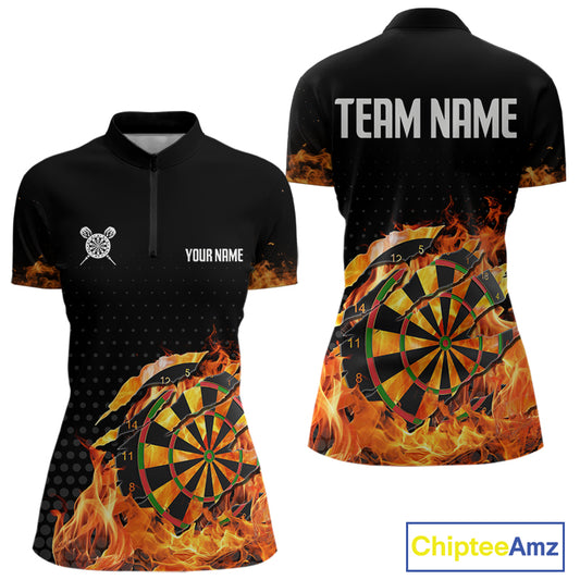 Women's Custom Darts Shirt With Cracked Flame Dartboard And Halftone Pattern NYN0270