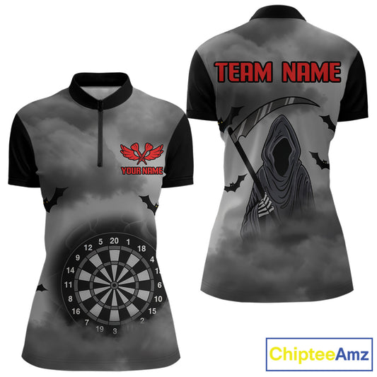 Grim Reaper With Grey Smoke Black Dartboard Darts Shirt For Women - Custom Darts Jersey NYN0535