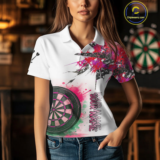 Custom Grey And Pink Splashed Dartboard Darts Polo Shirt For Women Darts Team Jerseys NYN0949