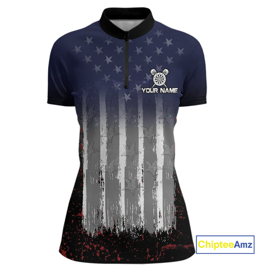 Gray, Blue And Red Grunge US Flag Darts Polo & 1/4-Zip Shirt Custom Patriotic Dart Jersey For Women NYN3081