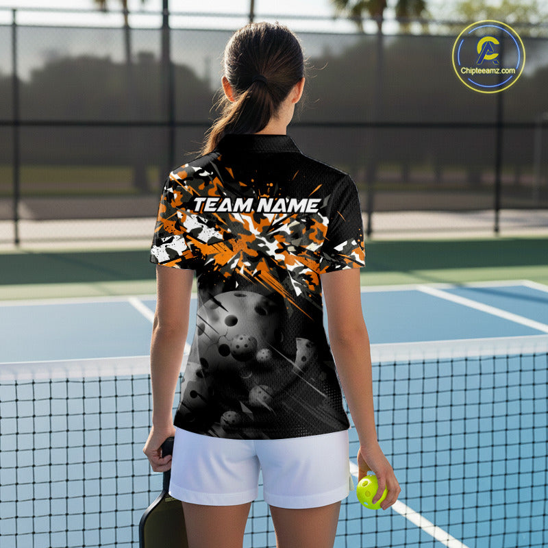 Custom Black & Orange Camo Women Pickleball League Jerseys Grunge Pickleball Paddle Shirts NYN2136