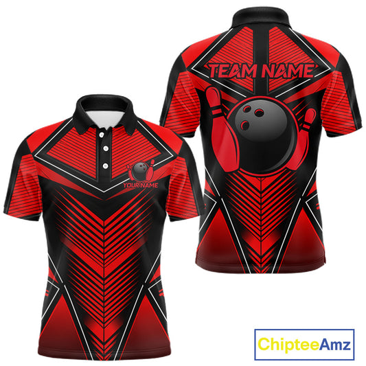 Mens Polo Quarter-Zip Bowling Shirts Custom Black & Red Strikes Bowling Team Jersey, Gift For Bowlers NYN3786