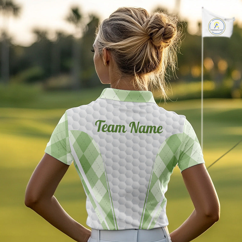 Womens Golf Polo Shirt Argyle Pattern Golf Shirts For Womens Green Argyle And White Golf Ball Gifts NYN2906
