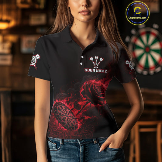 Custom Black And Red Flames Roses Dartboard Women Darts Polo Shirt, Dart Team Jerseys NYN1845