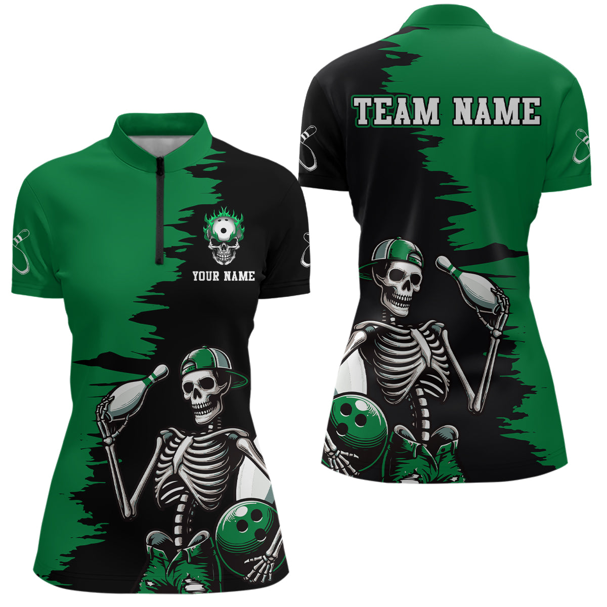 Personalized Skeleton Bowling Shirt for Women Skull Bowling Jersey Quarter Zip Bowling Shirt QZT407