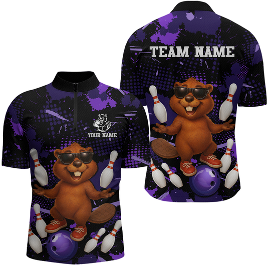 Custom Purple Funny Beaver Bowling Team Shirt Men Bowling League Jersey Polo Bowling Outfit QZT764