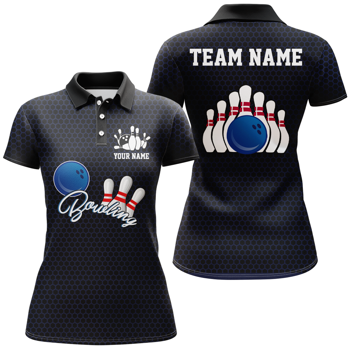 Personalized Bowling Jersey for Women 3D Bowling Team Shirt Black Bowling Polo Shirt QZT117