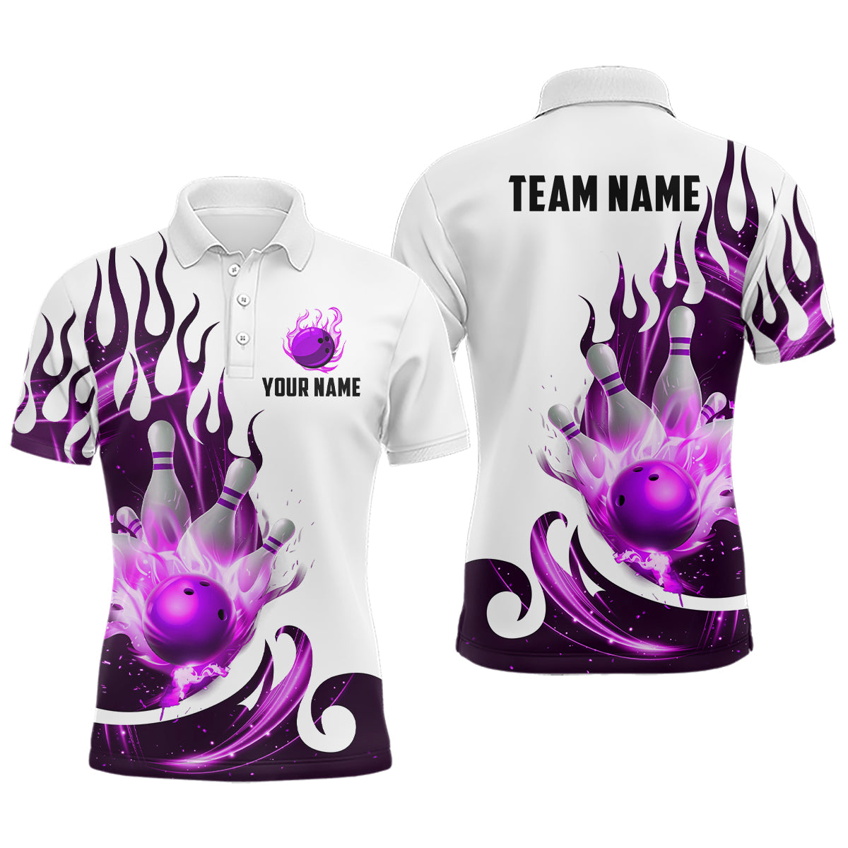 White&Purple Bowling Shirts For Men & Women Custom Flame Bowling Team Jersey Polo BDT537