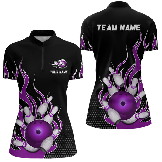Purple Flame 1/4 Zip Bowling Shirts for Men And Women Custom Bowling Team Jerseys Unisex BDT477