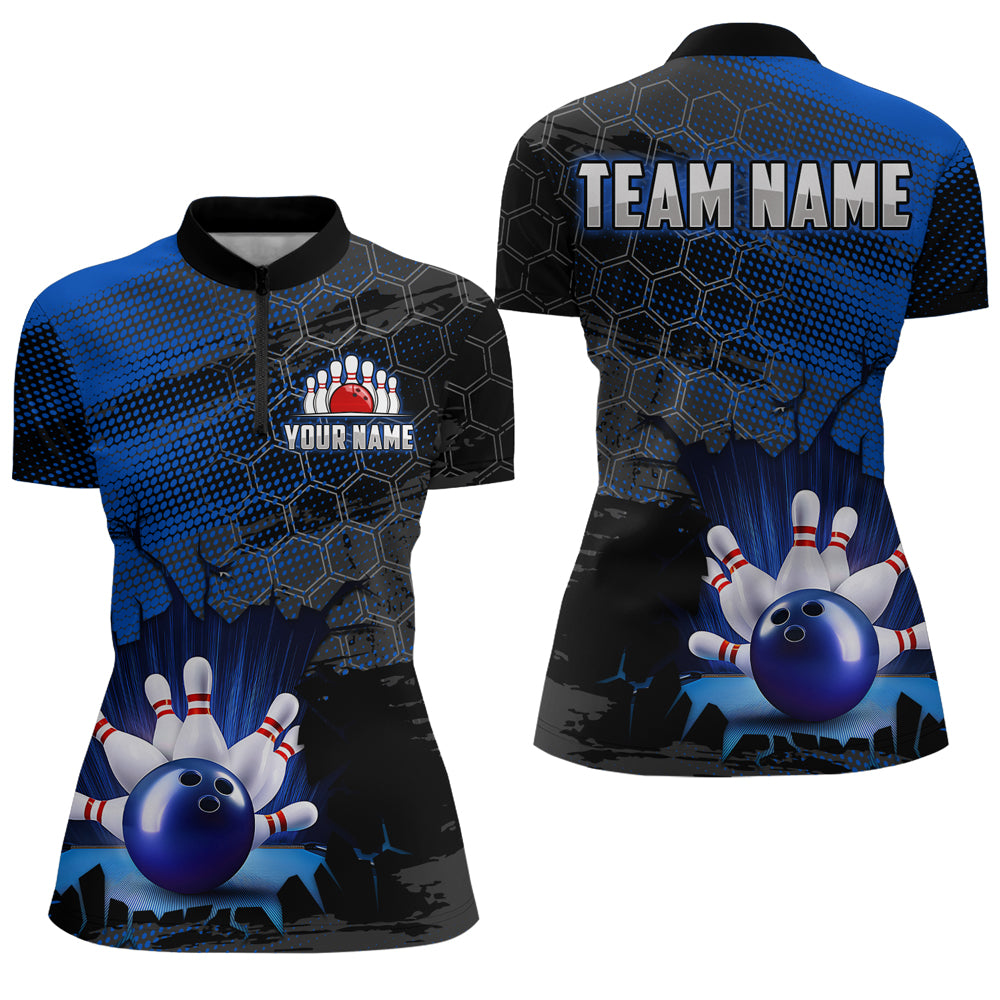 Custom Blue Bowling Shirts For Men & Women Bowling Team League Jersey Unisex Quarter-Zip BDT533