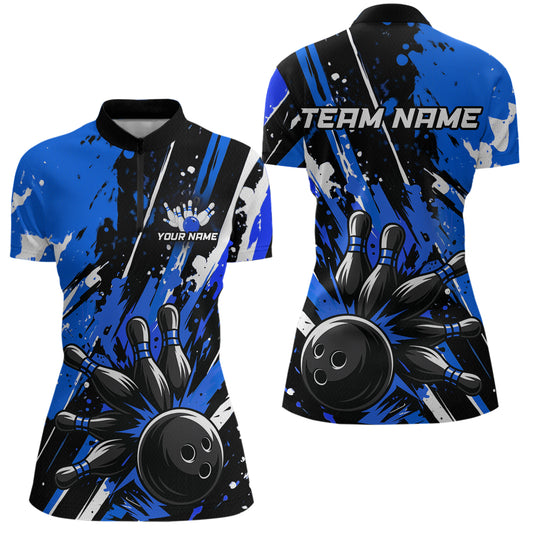 Custom Blue Bowling Jersey for Women Bowling Uniform Polo & 1/4 Zip Bowling Team Shirts HNT105