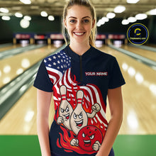 Load image into Gallery viewer, Custom American Flag Bowling Women Polo & 1/4 Zip Shirts Funny Flame Bowling Team Jerseys HNT92