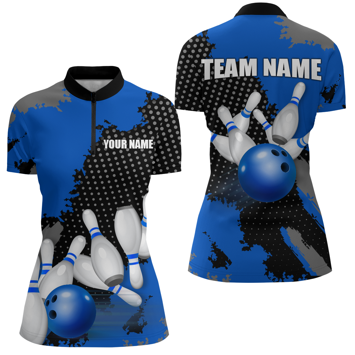 Blue Bowling Jersey Men Women Custom Bowling Team Shirts Unisex Bowling Polo Quarter-zip CP27