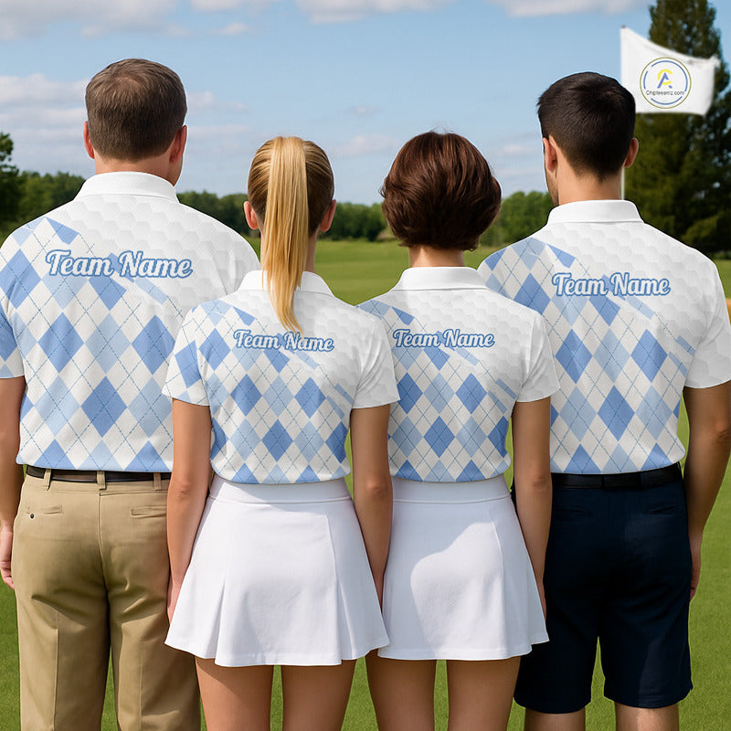 Personalized Blue White Argyle Plaid Pattern Womens Golf Polo Shirts, Blue Golf Tops For Womens NHT674