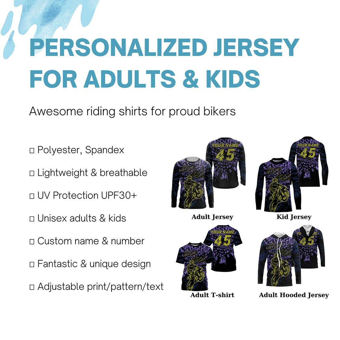 Purple personalized dirt bike jersey adult&kid UV protective off-road Just Ride motorcycle shirt PDT02