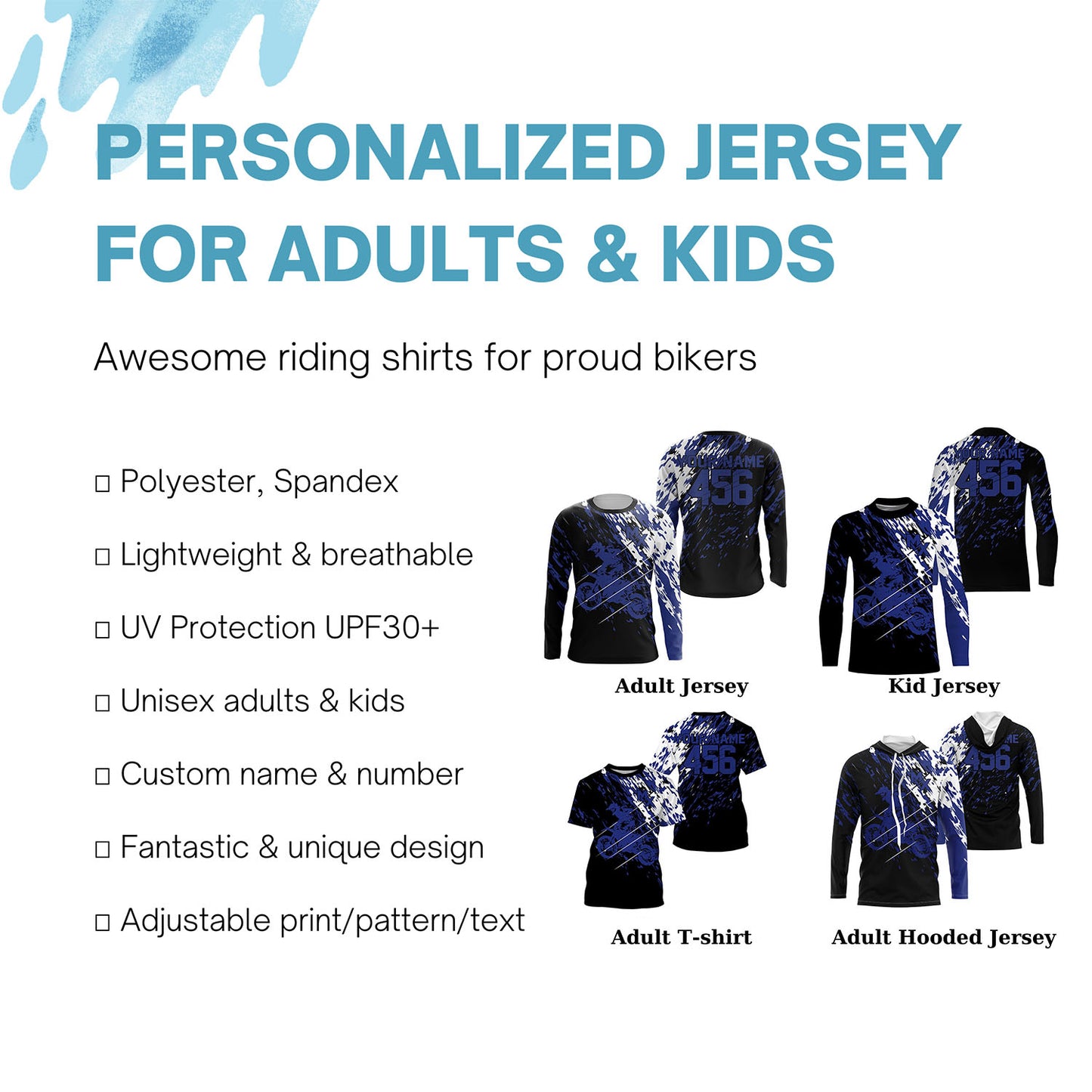 Personalized dirt bike jersey adult&kid UPF30+ Motocross MX racing off-road motorcycle - Blue| NMS909