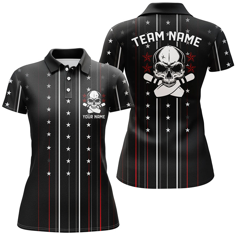 Skull Bowling Polo Shirts For Women, Bowling Pin Custom Team'S Name Bowler Jerseys IPHW5250