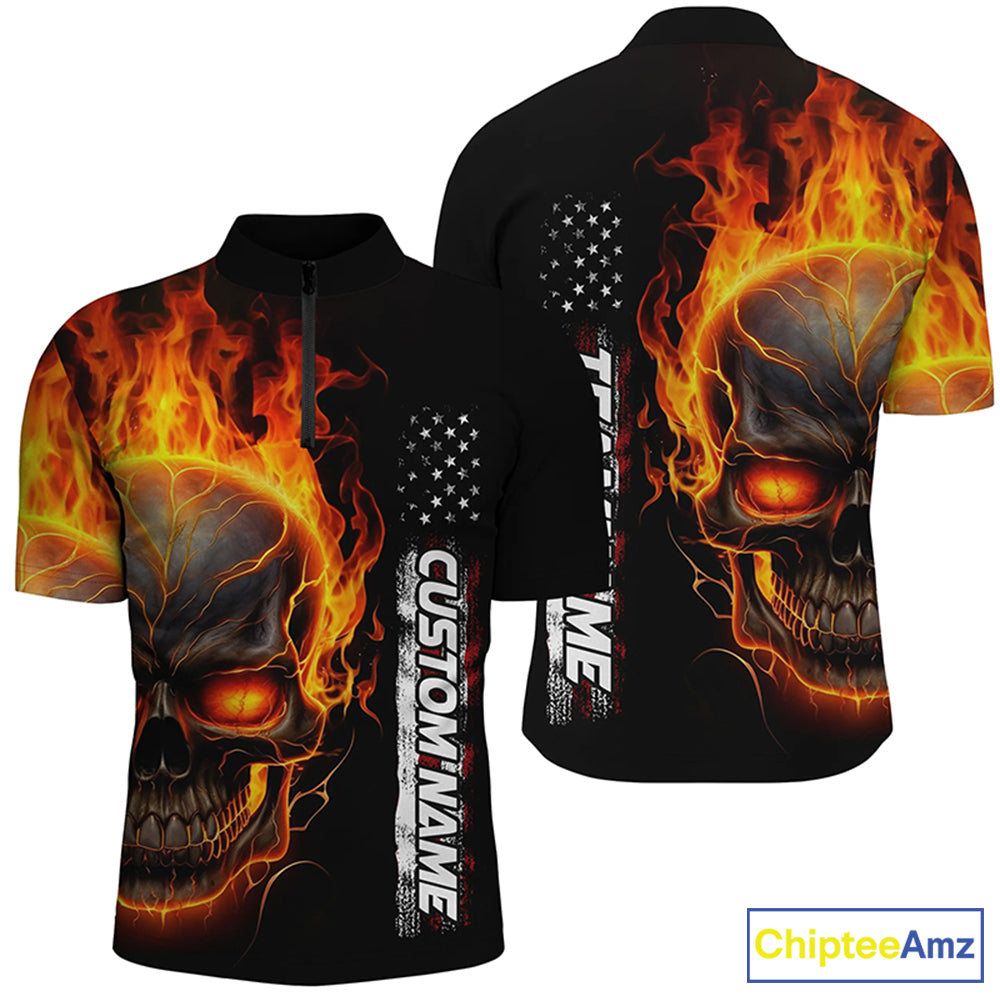 Flame Skull Custom Bowling Quarter Zip Shirts For Men And Women, American Bowling Team Jerseys IPHW5275