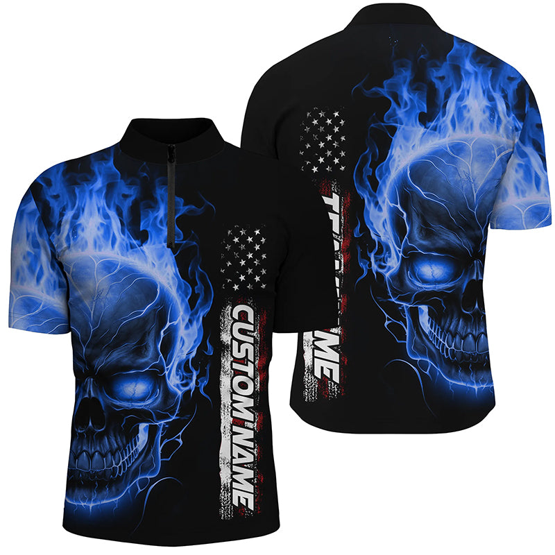Blue Flame Skull Custom Bowling 1/4 Zip Shirts For Men And Women, American Bowling Team Jerseys IPHW5277