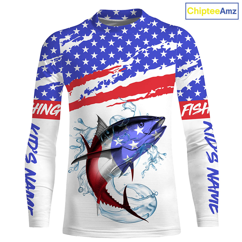 Personalized Tuna American Flag Uv Protection Fishing Shirts, Tuna Saltwater Fishing Shirt IPHW3755