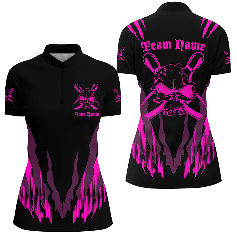 Custom Bowling Shirts For Women, Skull Bowling Team Shirts Bowling Pin | Pink IPHW4485