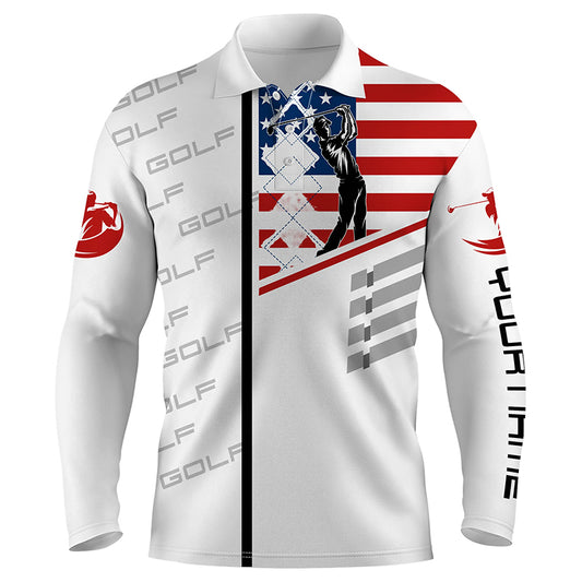 Mens golf polo shirt American flag patriotic golf shirts custom name golf gifts for men | White NQS3945