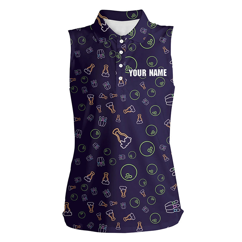 Neon beer glowing Bowling pattern Custom Women sleeveless polo shirts, bowling team league jerseys NQS6763