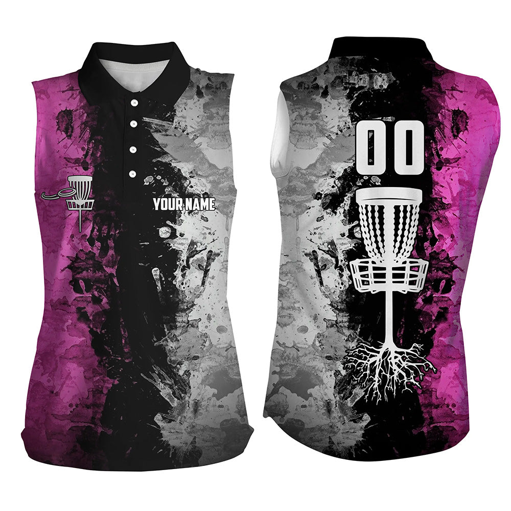 Custom name and number Disc Golf basket Women sleeveless polo shirt, sleeveless golf tops | pink NQS5232