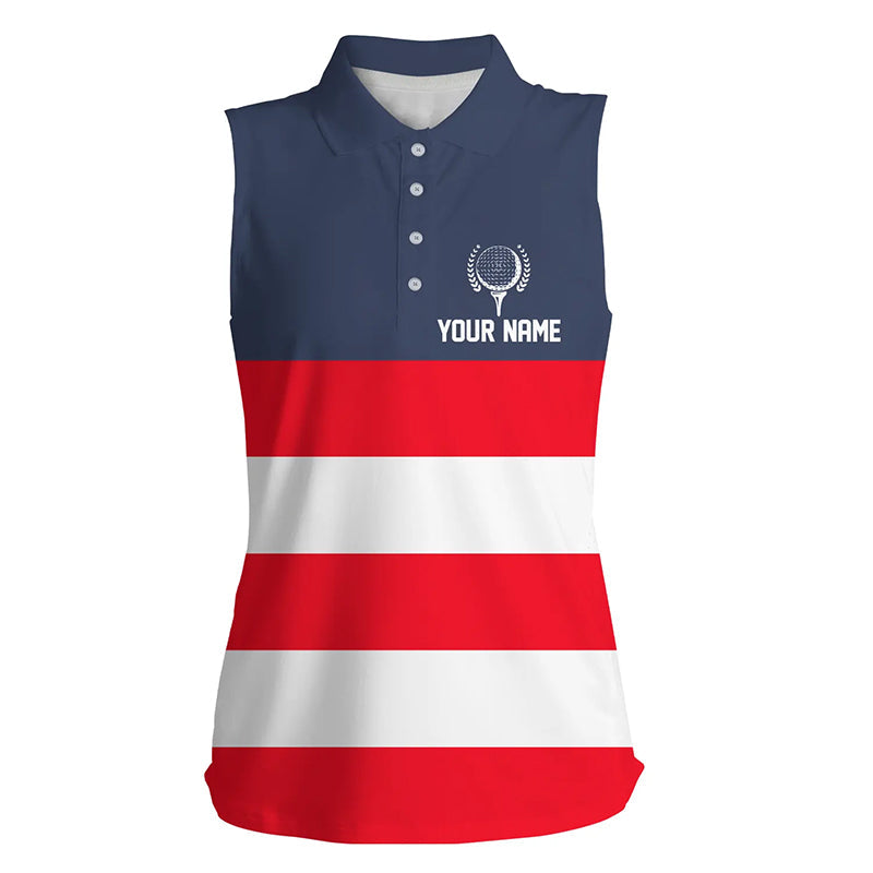 Red, white and blue stripe custom Womens sleeveless golf polos shirts, patriot women's golf attire NQS7135
