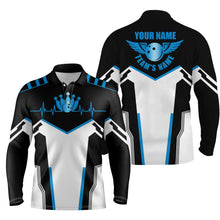 Load image into Gallery viewer, Black and white Bowling shirts for men custom name, team name Bowling Ball & Pins mens polo shirts NQS4899