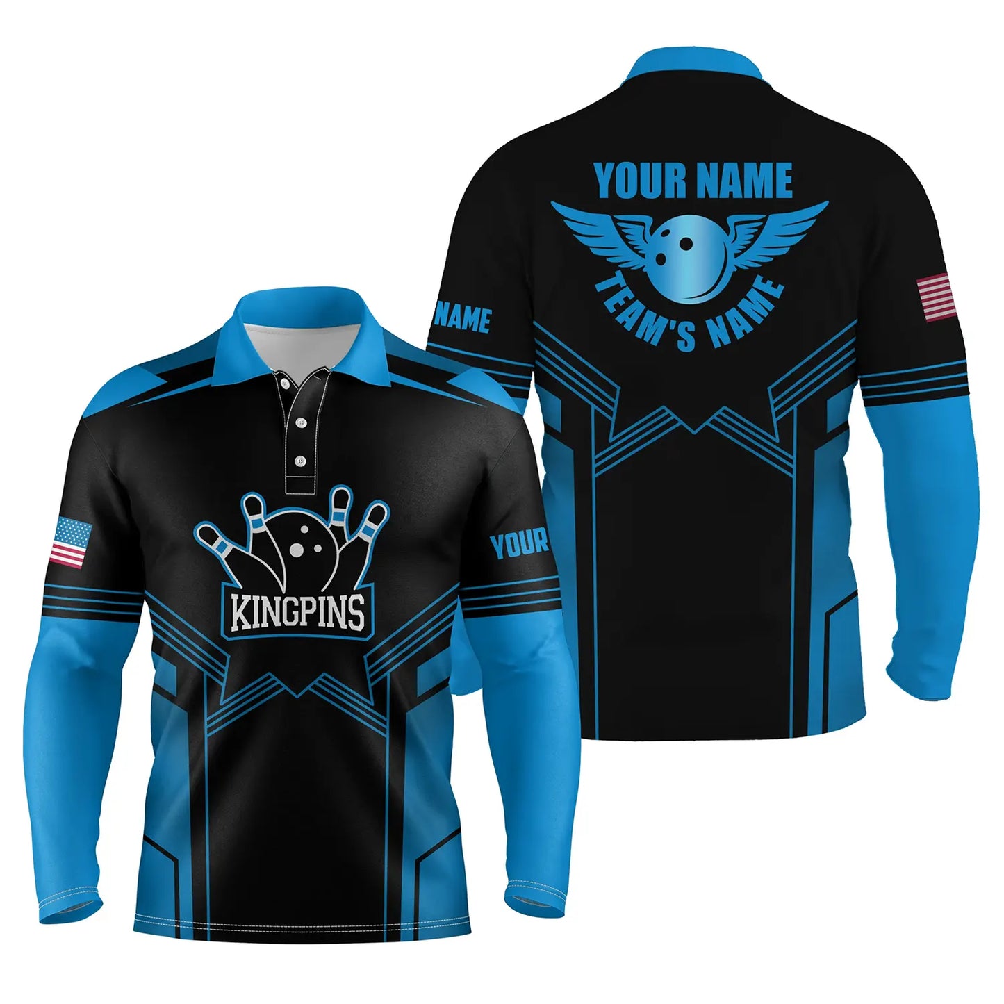 Blue black personalized bowling shirt for men – custom name design side view
